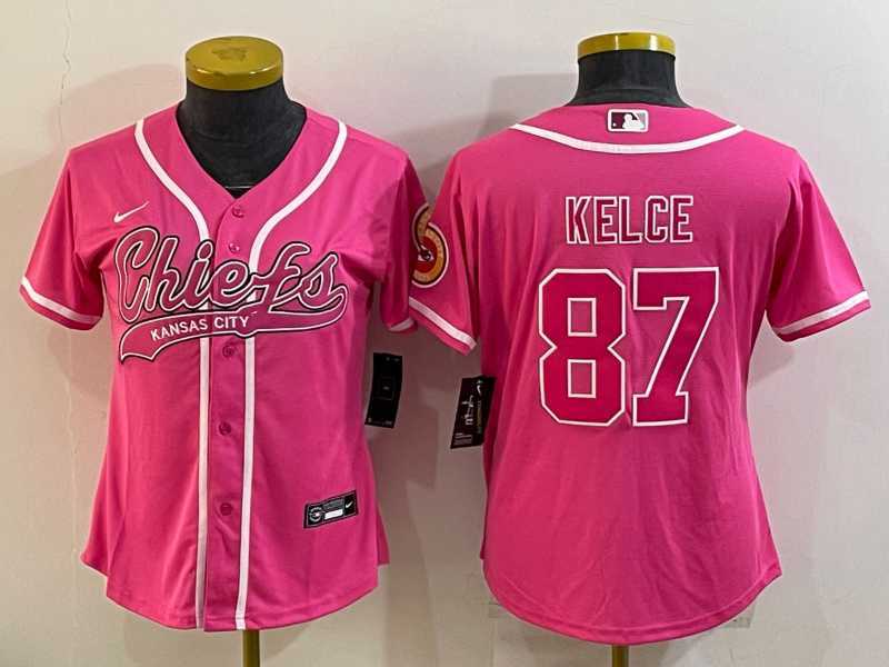 Womens Kansas City Chiefs #87 Travis Kelce Pink With Patch Cool Base Stitched Baseball Jersey->women nfl jersey->Women Jersey